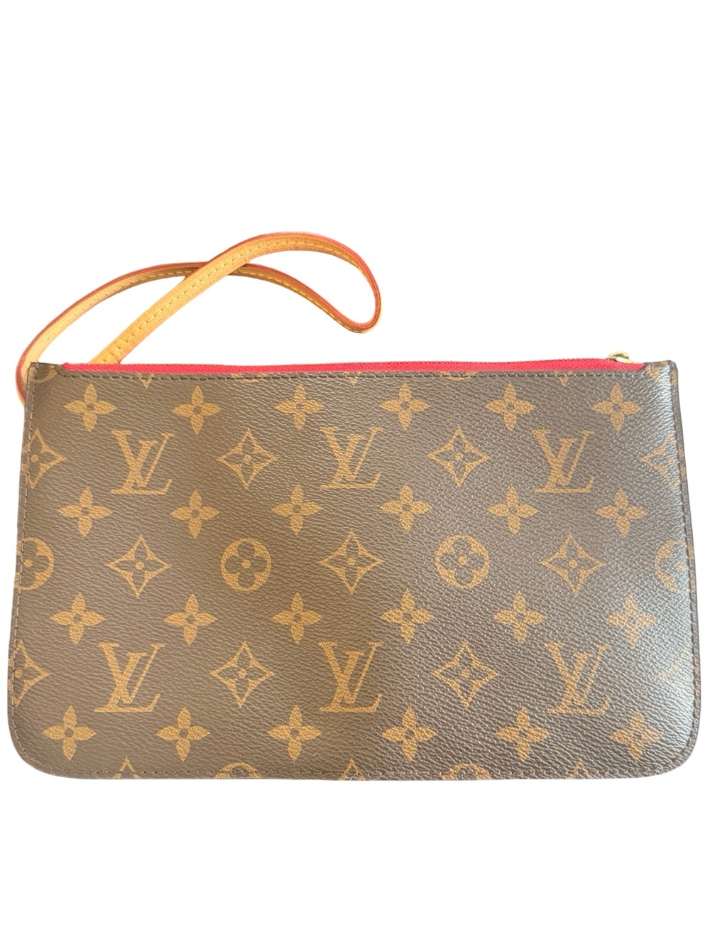 Authentic Louis Vuitton Neverfull Pouchett Monogram Canvas Wristlet Red Trim